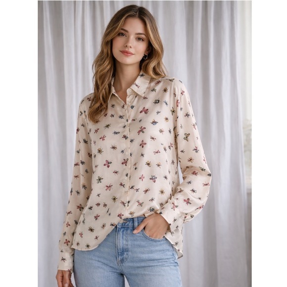 ZARA Women's Cream Butterfly Insect Print Button Up Shirt Oversized M‎ 72-27 - Picture 3 of 16